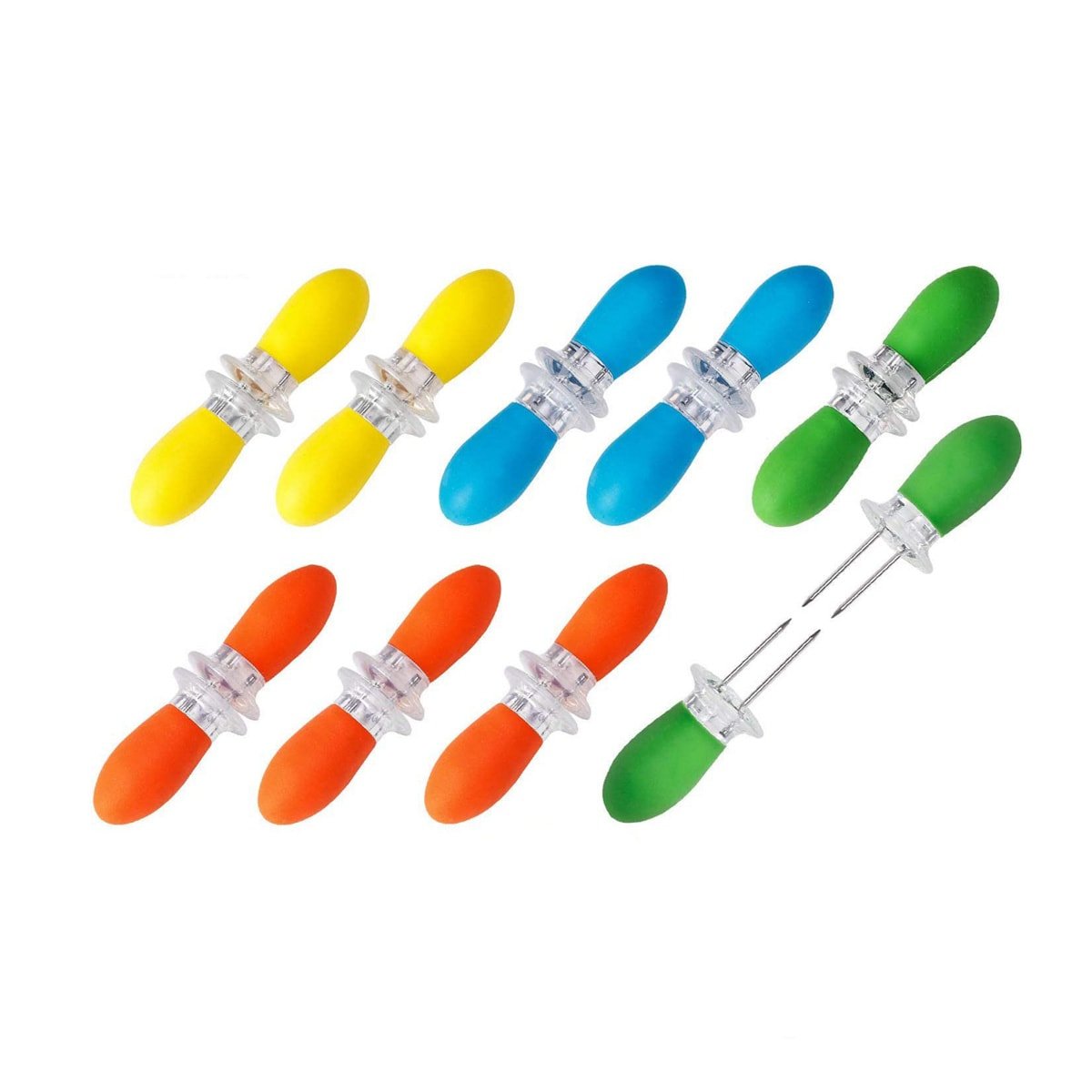A set of corn on the cob holders in various colors.