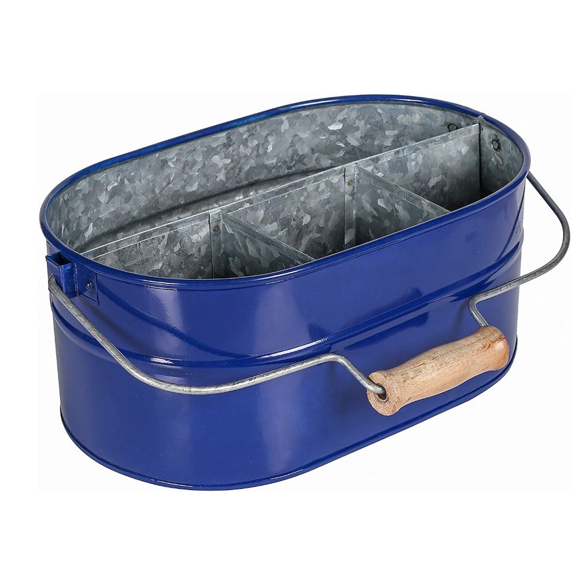 A stainless steel blue caddy with handle used to hold utensils and plates.