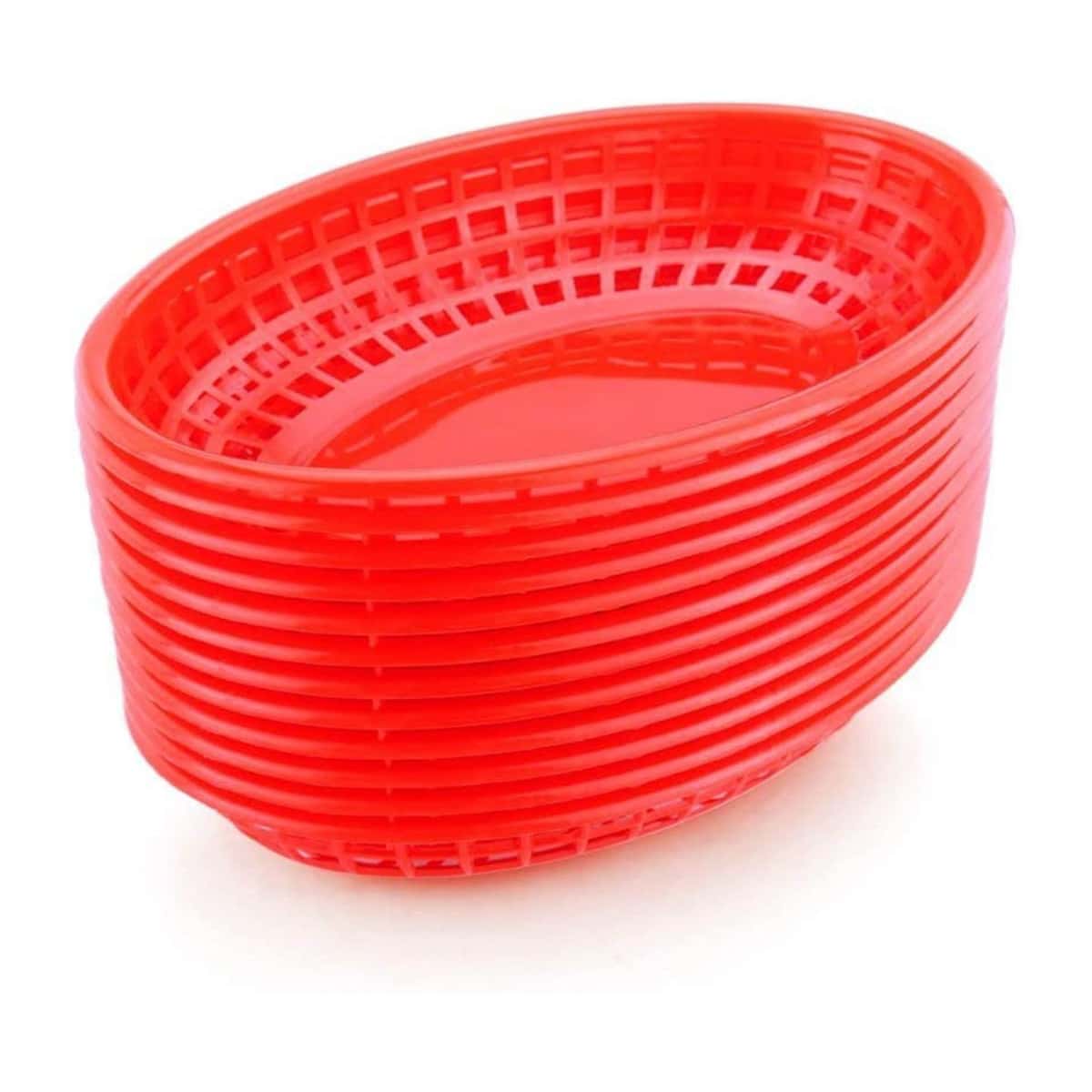 A stack of red plastic oval-shaped baskets.