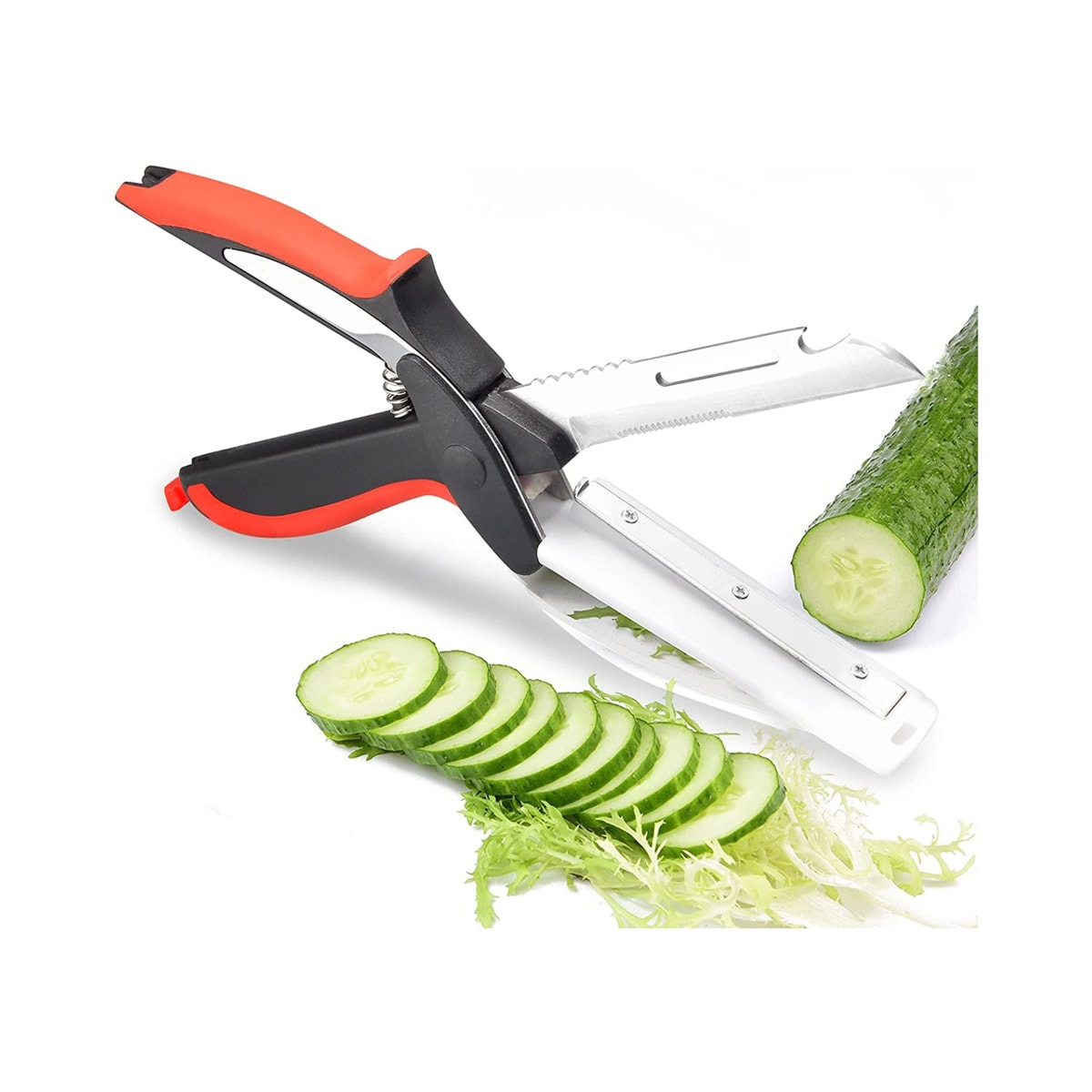 A pair of cutters that can cut through fruits and vegetables next to part of a cucumber and several cucumber slices.
