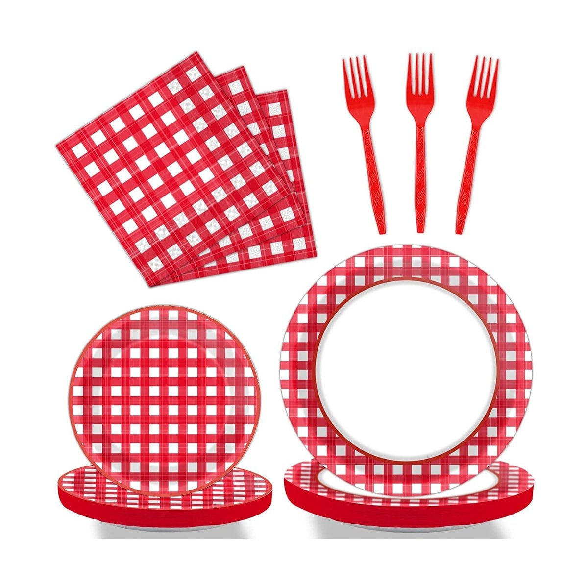 A set of red and white checkered napkins and paper plates and red plastic forks.