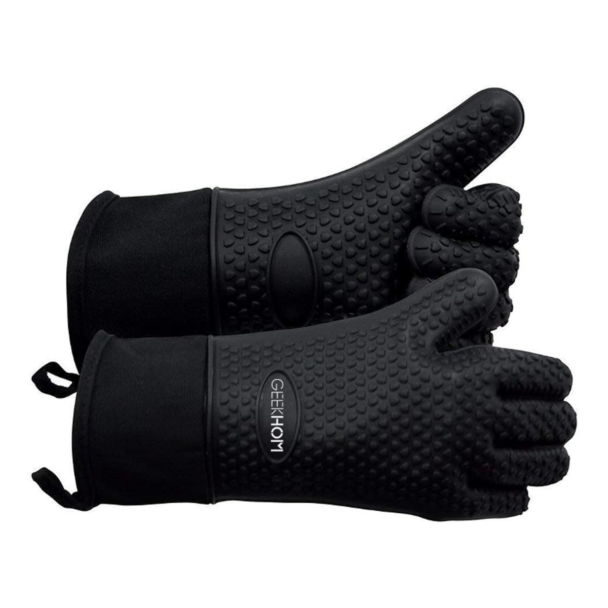 A pair of black silicone gloves that can be used around hot flames.