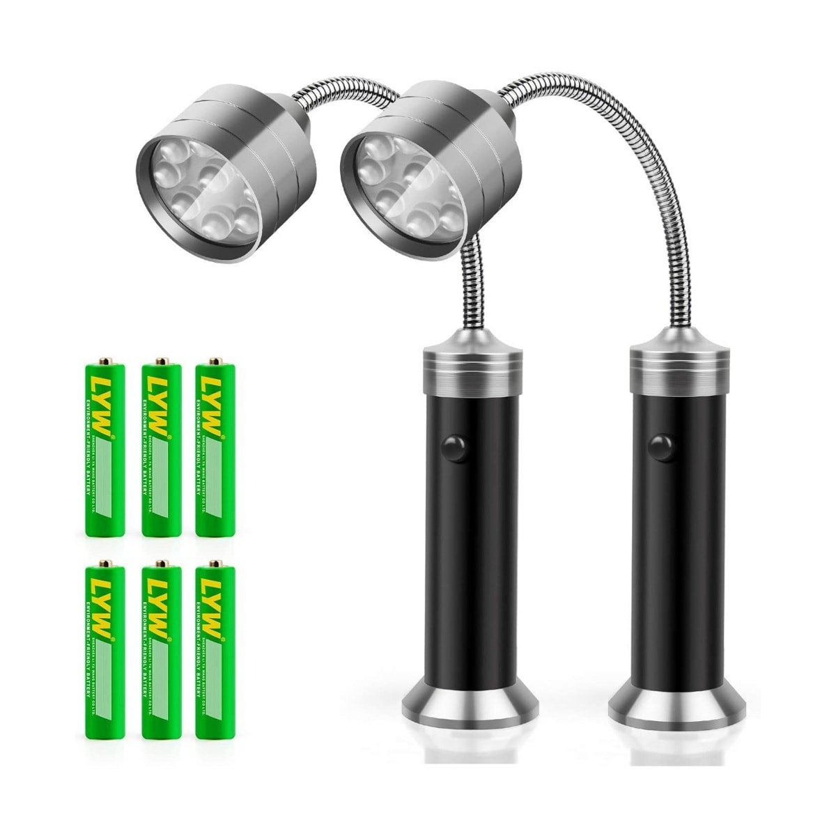 A pair of stainless steel magnetic lights that can be attached to barbecues along with some batteries.