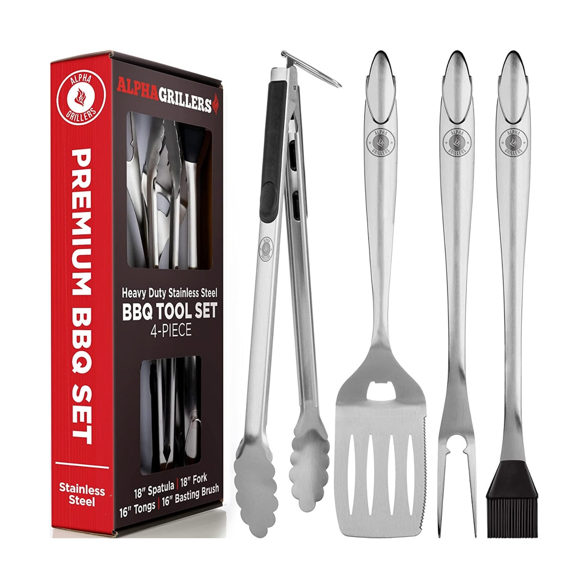 A barbecue tool set that includes stainless steel tongs, spatula, fork and basting brush.