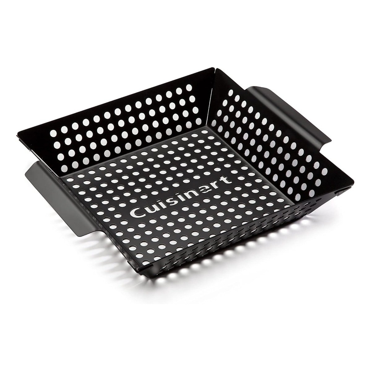A black alloy steel rectangular slotted wok used for cooking meat and vegetables on a grill.