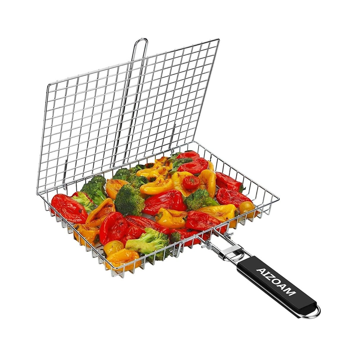 A stainless steel grated basket with handles that is open and filled with vegetables. 
