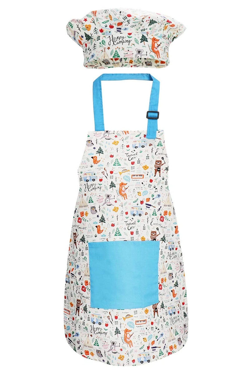A child-sized camping-themed patterned apron and chef's.