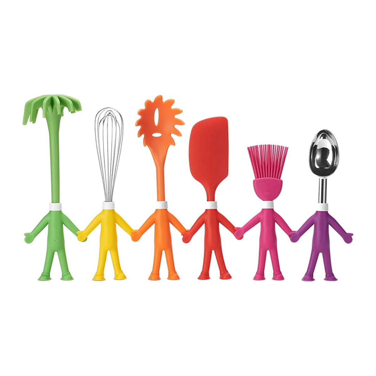 A set of brightly-colored cooking tools that are made to look like people.