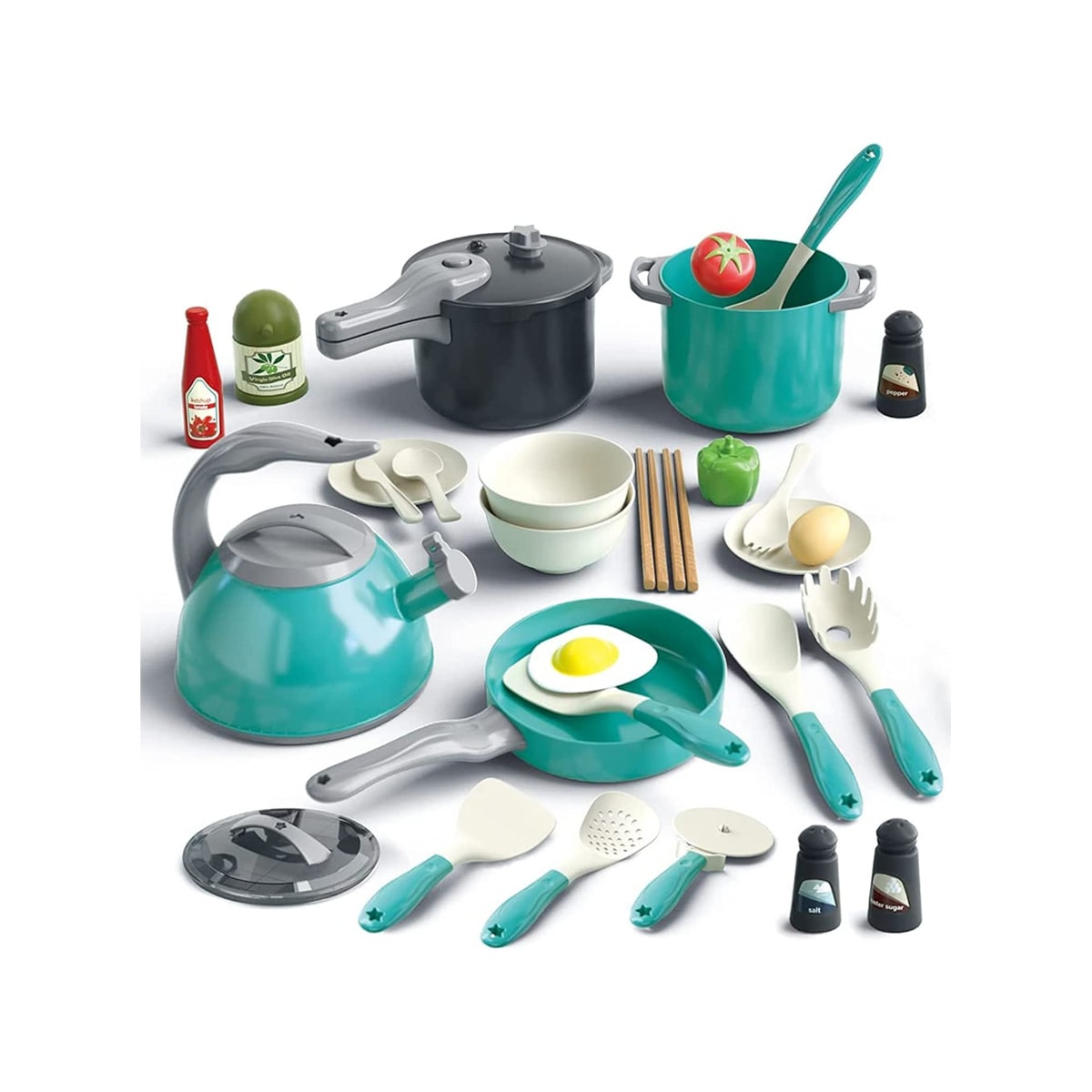 A set of toy kitchen items that are mostly teal, white and black.