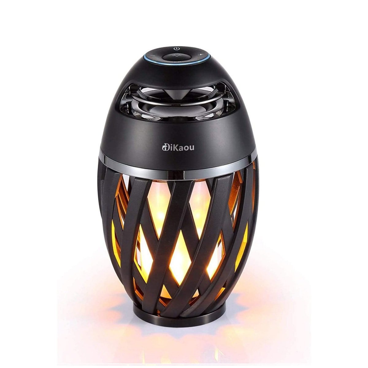 A black led outdoor flame light that doubles as a speaker.