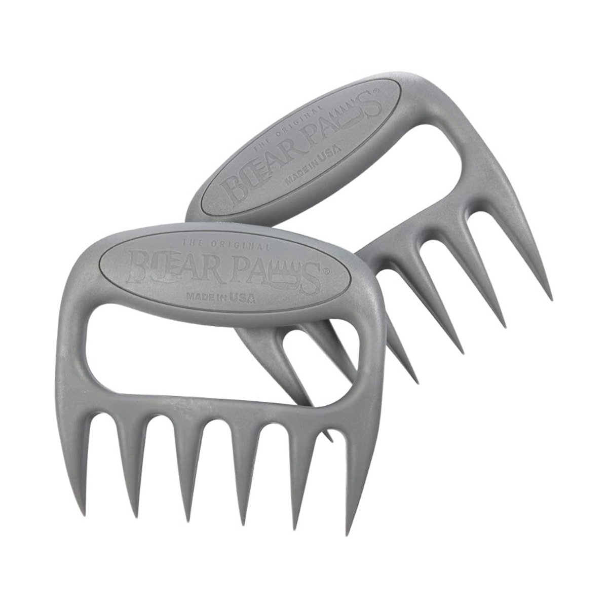 Two gray claws with sharp points and handles that can be used to shred meat.