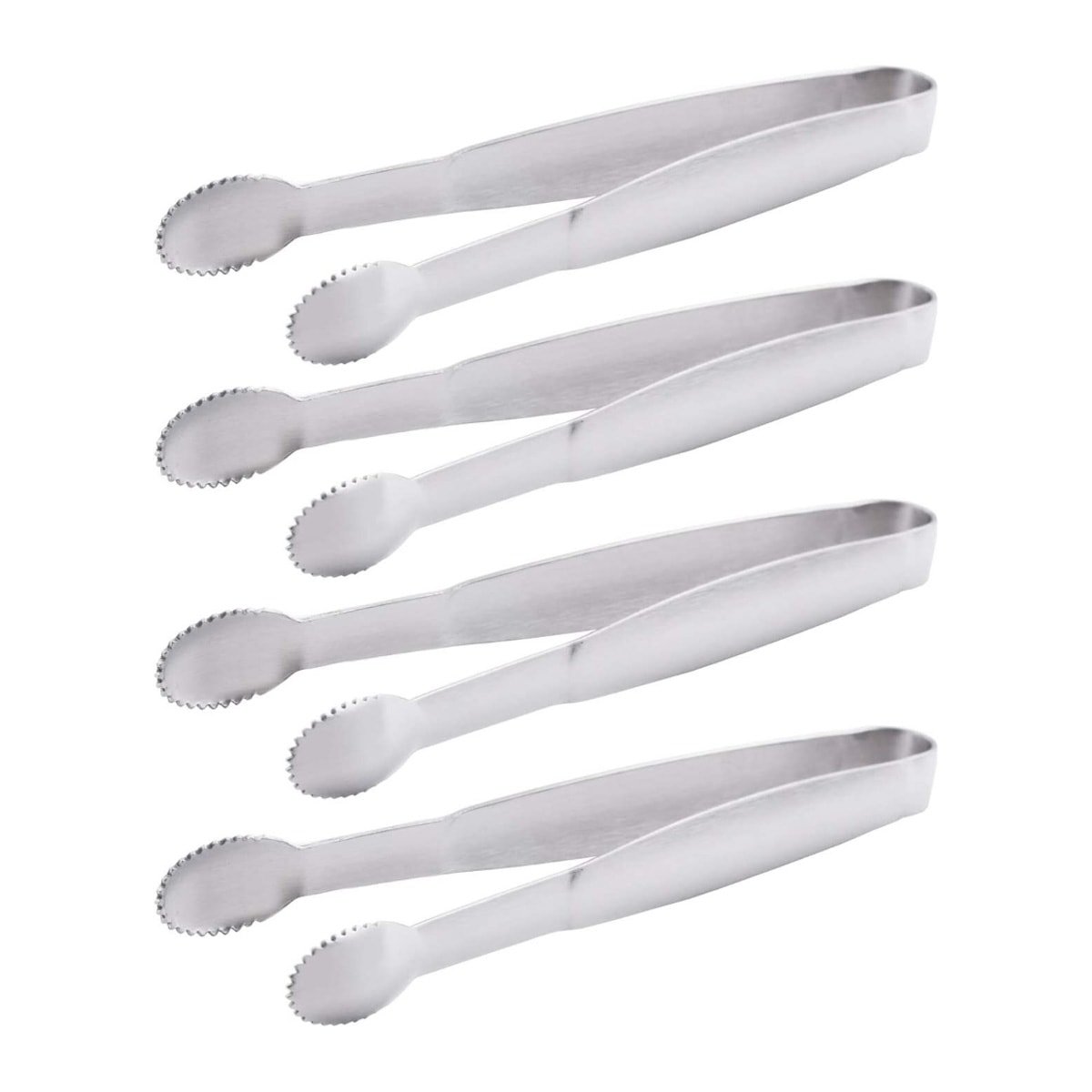 A set of four small stainless steel tongs.