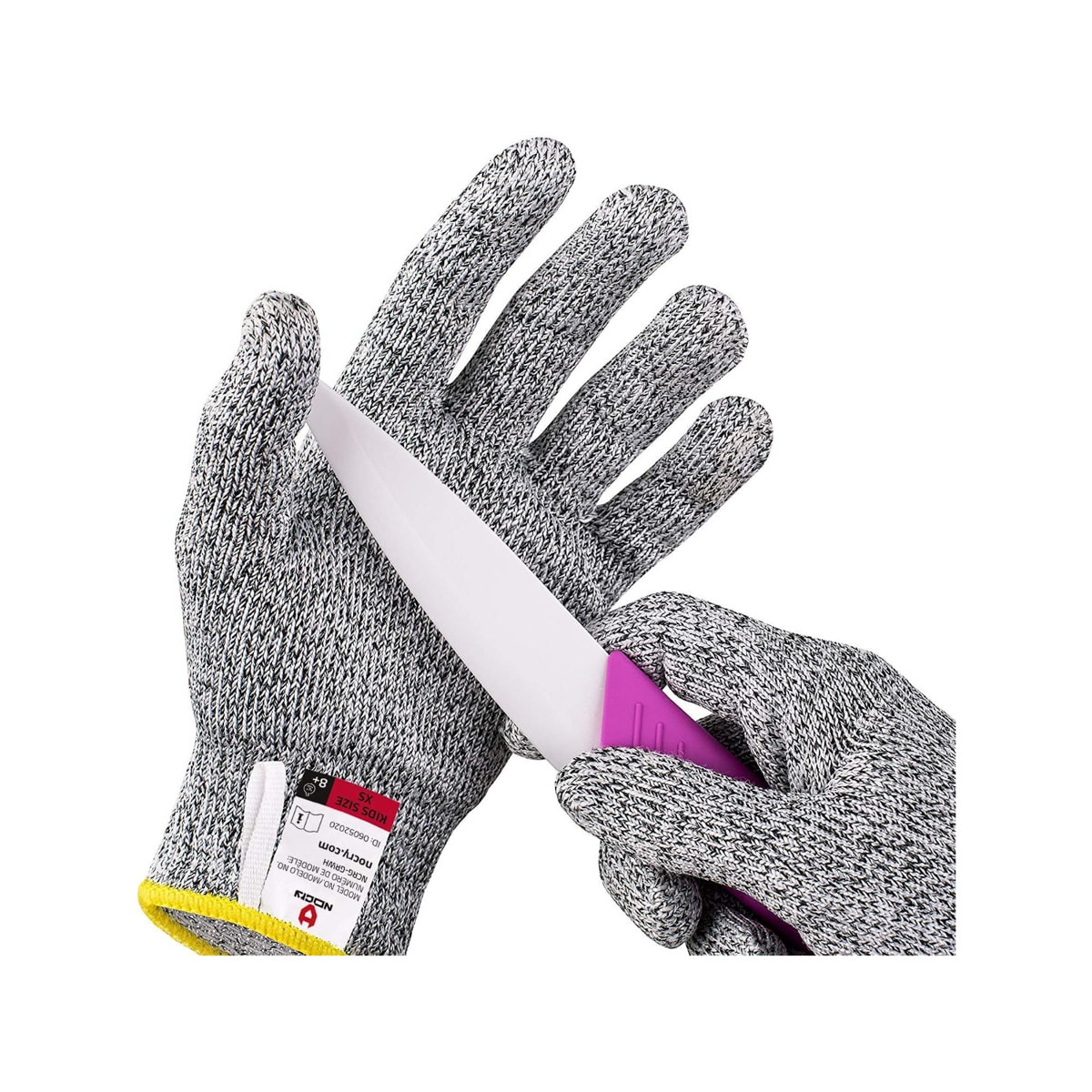 Protective gray gloves with a knife blade touching one to demonstrate that the knife can't cut through the glove.