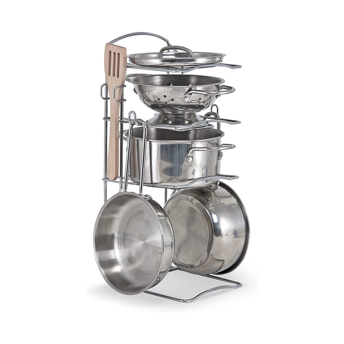 A set of kid-size stainless steel pots and pans on a rack along with a colander, lid and wooden spoon.