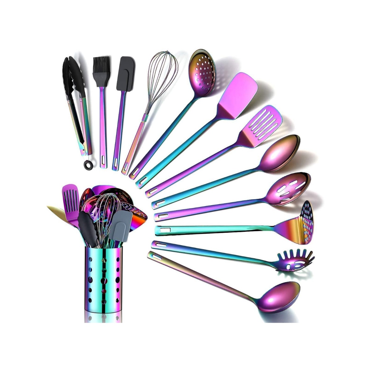 A set of metal, rainbow-colored cooking utensils with a matching holder.