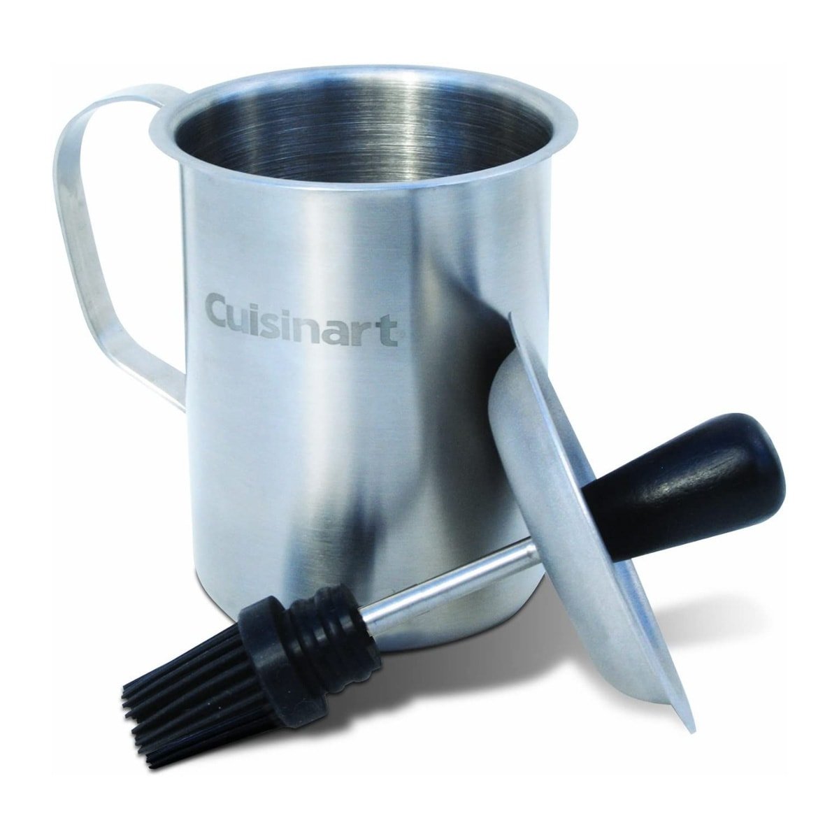 A stainless steel pot with a lid that has a black basting brush and handle attached to it.