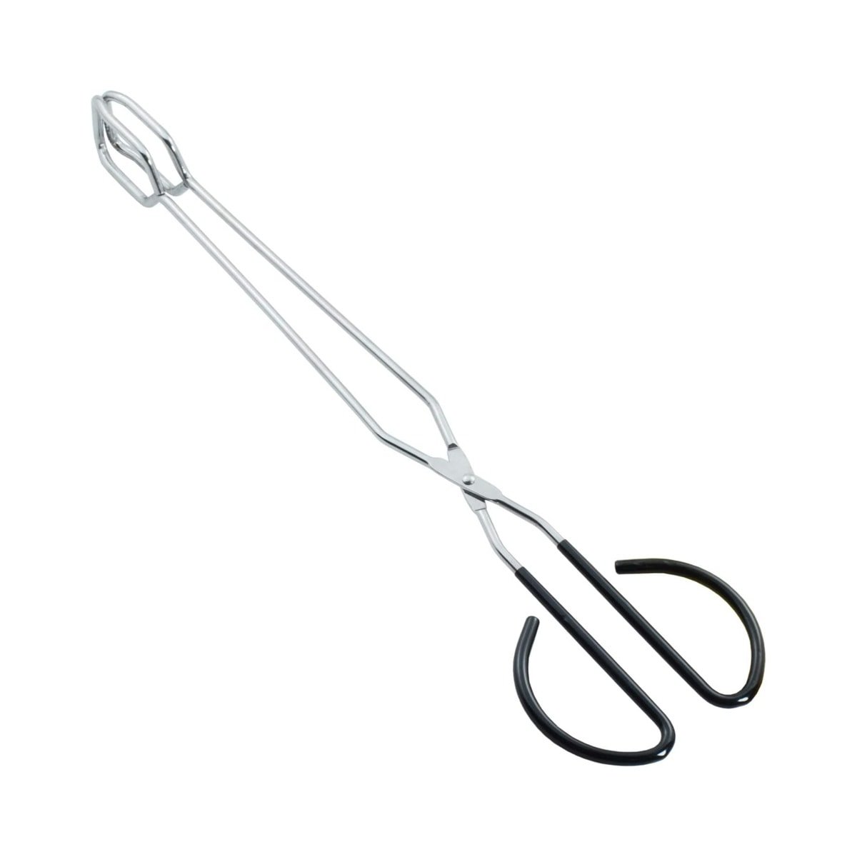 A long pair of stainless steel tongs with black rubber handles.