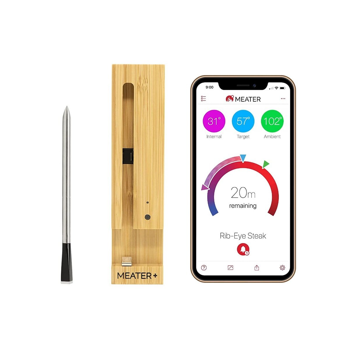 A smart thermometer next to a wooden case to hold the thermometer and a cell phone displaying readings from the thermometer.