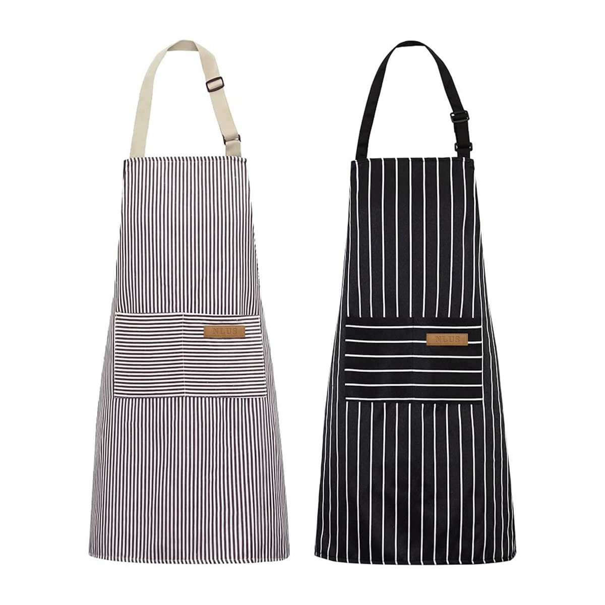A white and gray striped apron and a black and white striped apron with adjustable straps that go around one's neck.
