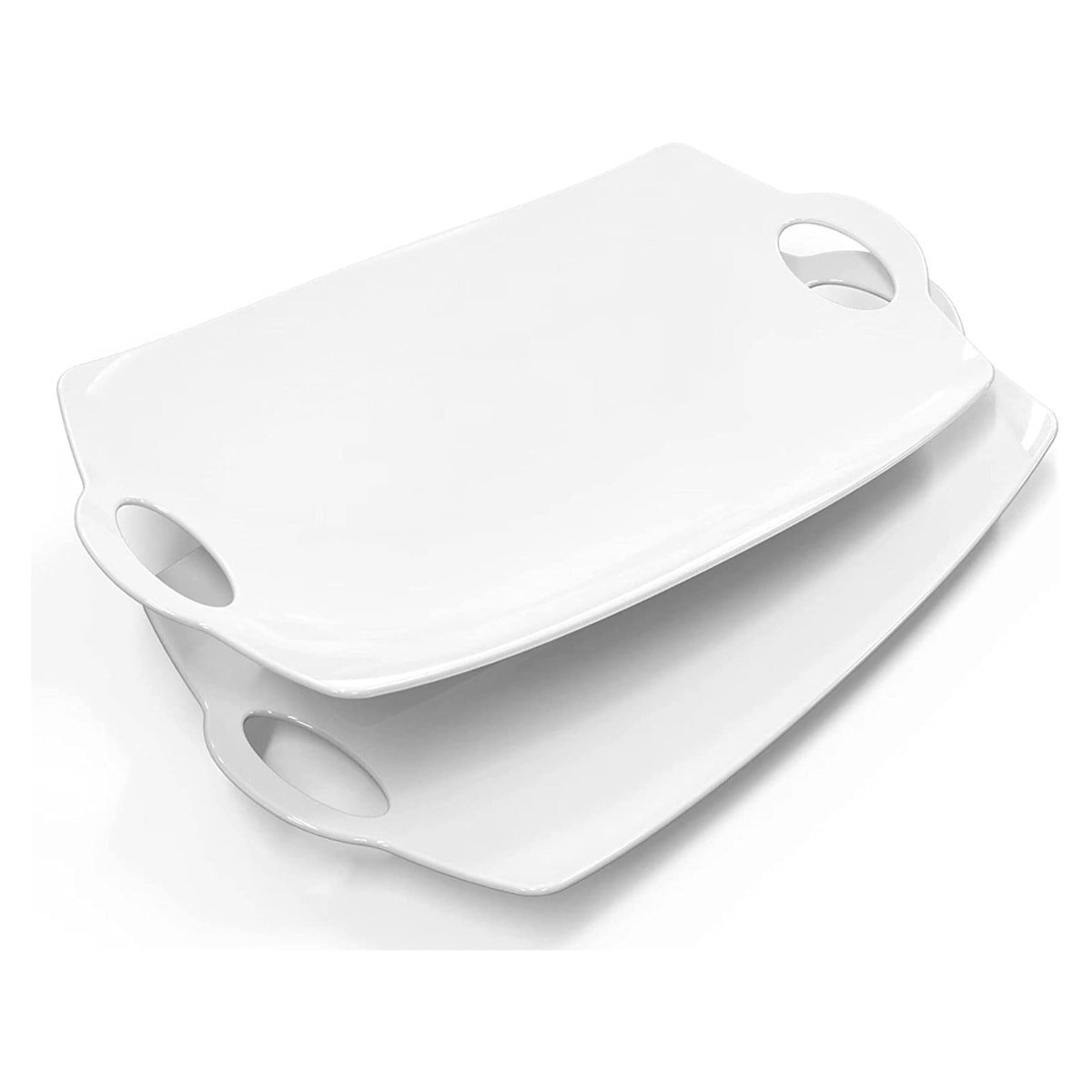 Two rectangular white platters with handles.
