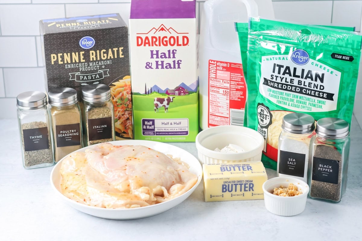 Ingredients for chicken alfredo bake.