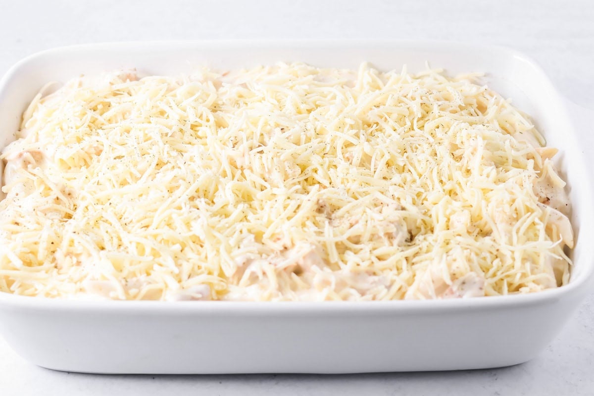 Chicken alfredo bake topped with shredded cheese.