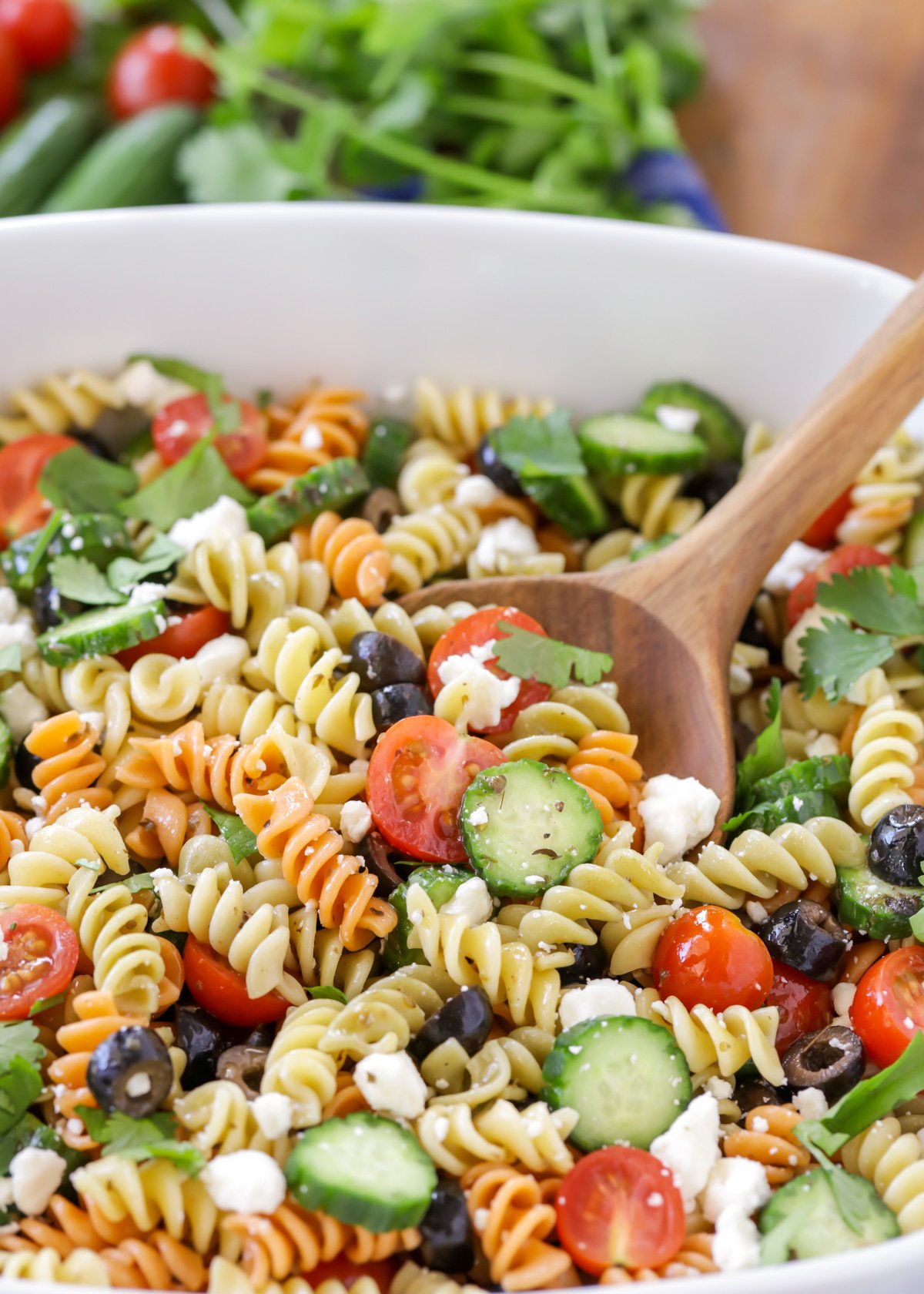 Greek Pasta Salad recipe close up image.