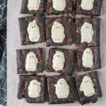 Halloween brownies topped with candy ghosts.