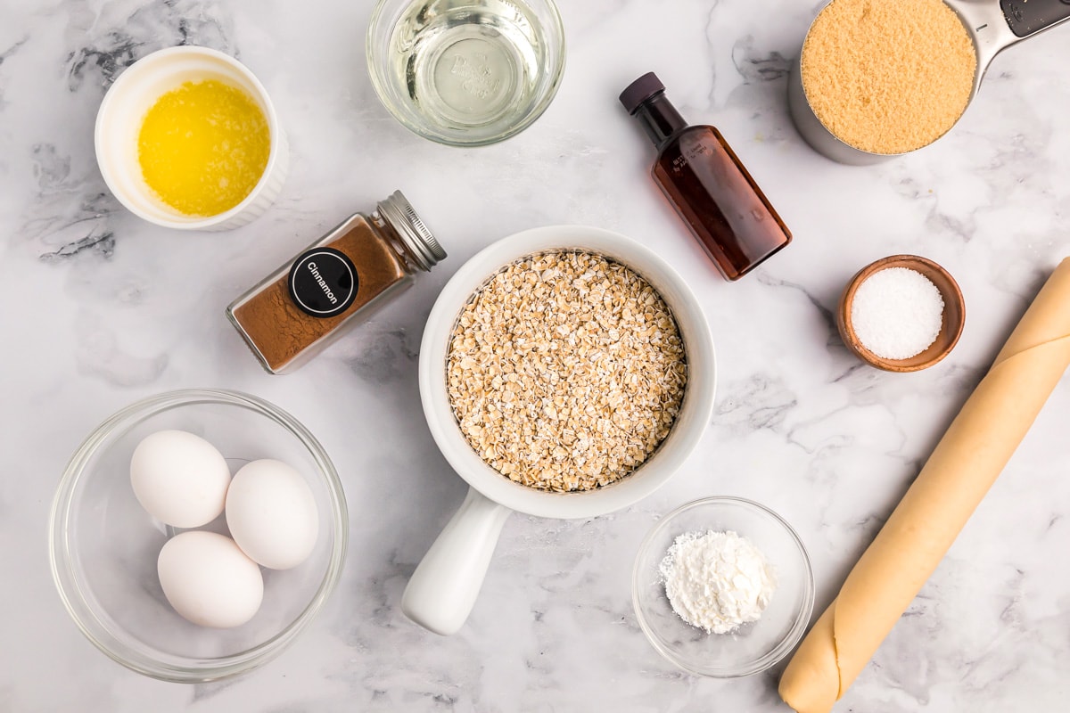 Pie ingredients measured and set out on a kitchen counter.