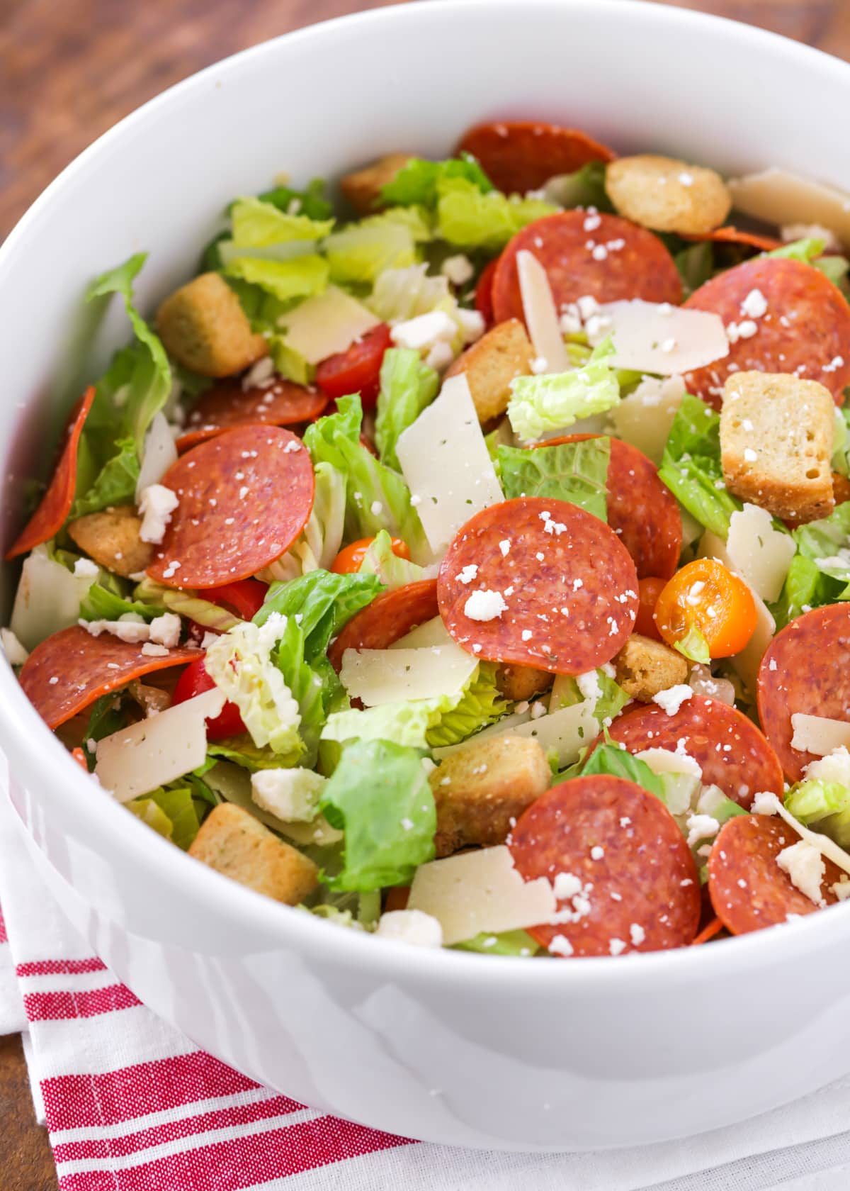 Pepperoni Salad recipe close up image in white bowl.