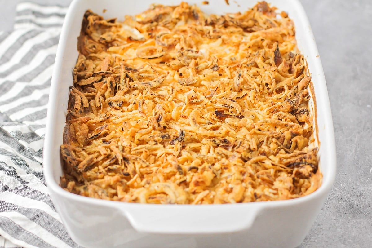 Baked casserole topped with crispy onions.
