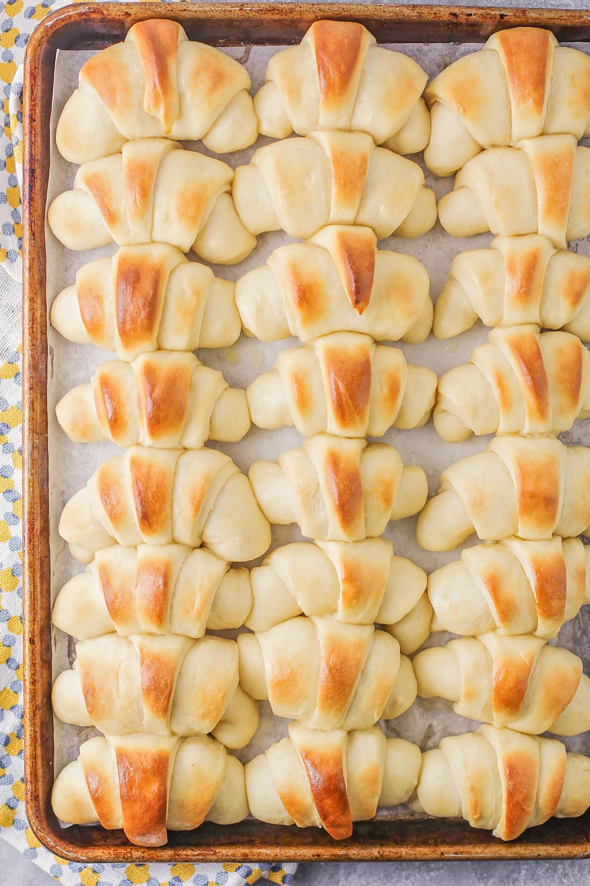 Baked dinner rolls recipe on a prepared baking sheet.