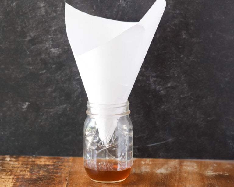 DIY Fruit Fly Trap - a jar with apple cider vinegar, soap and a cone funnel on top.