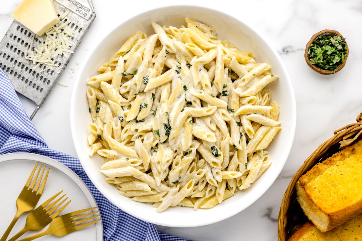 Penne pasta covered in white sauce.