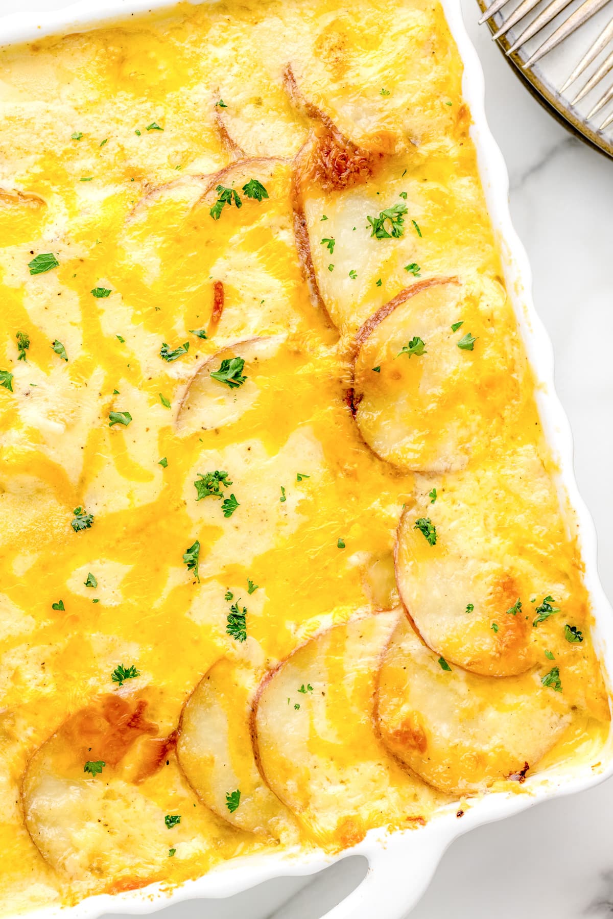 Close up of baked potatoes au gratin in a white baking dish.