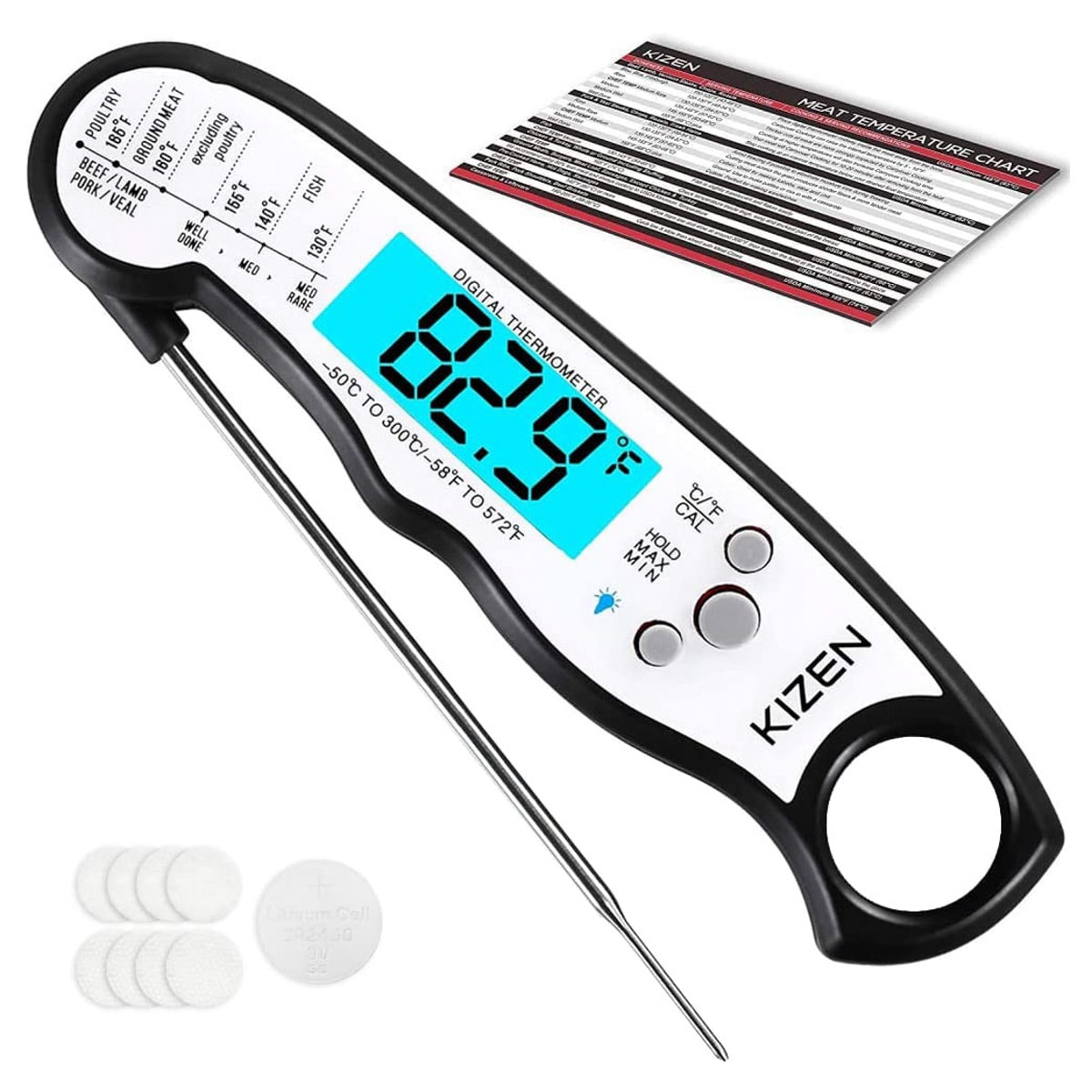 A digital meat thermometer with accessories.