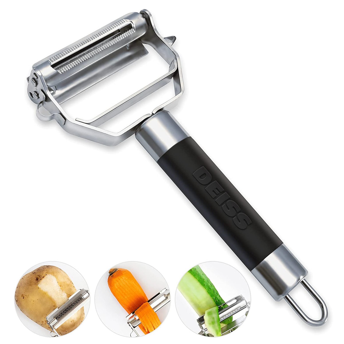 Dual julienne peeler and vegetable peeler with demonstration pictures.