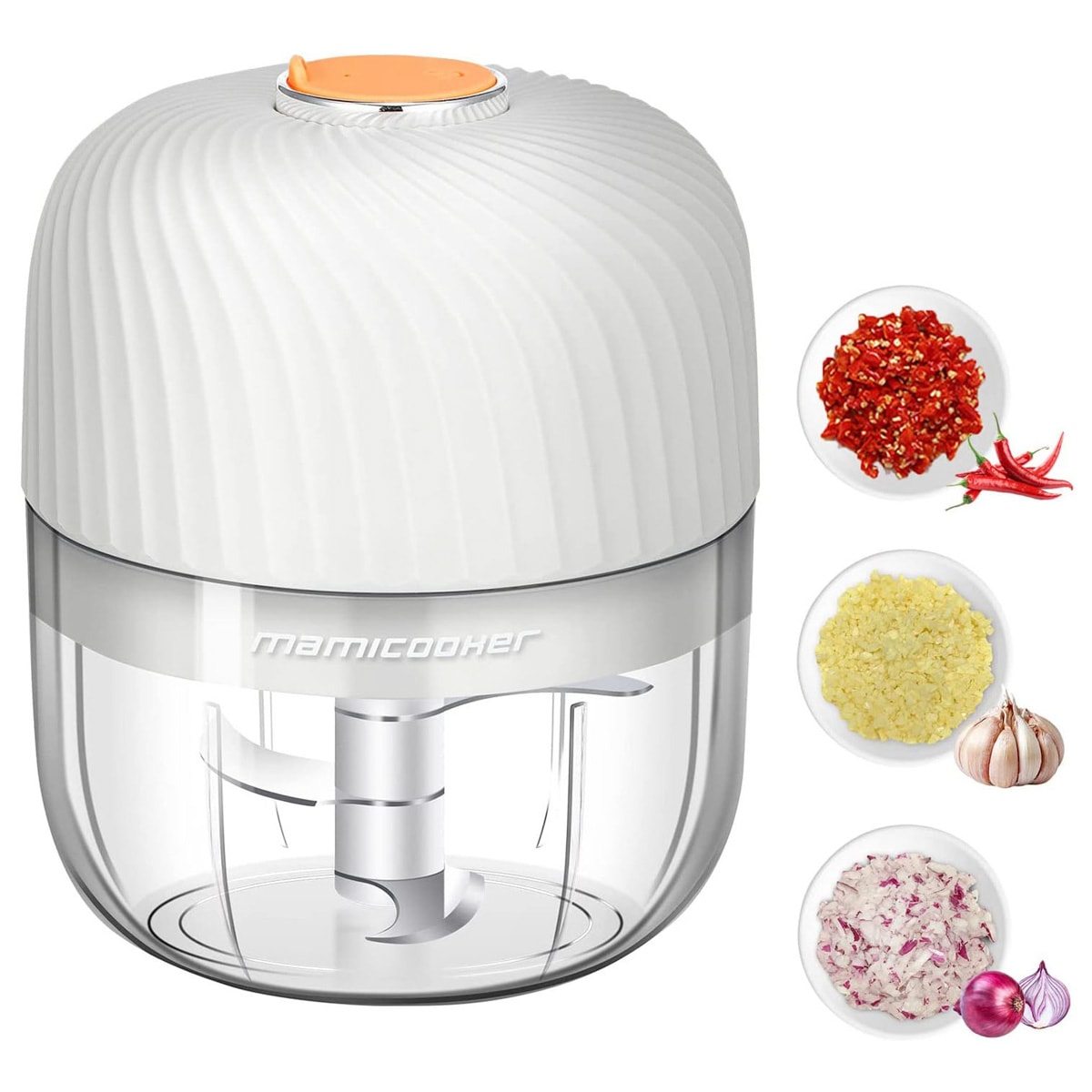 An electric garlic chopper with demonstration photos.