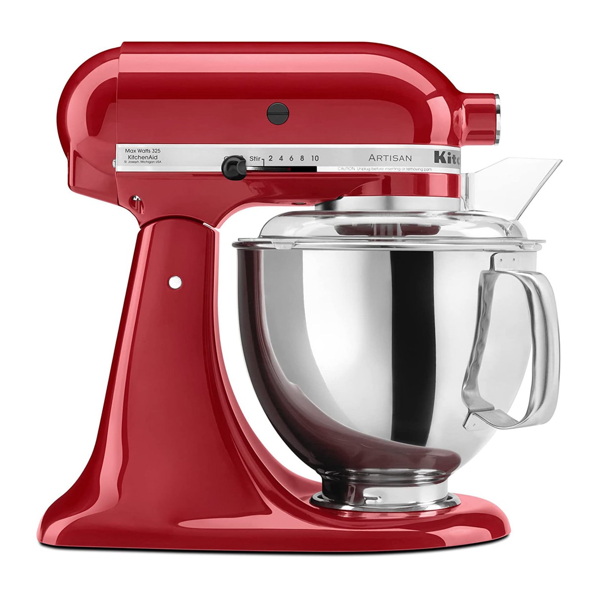 A red KitchenAid stand mixer.