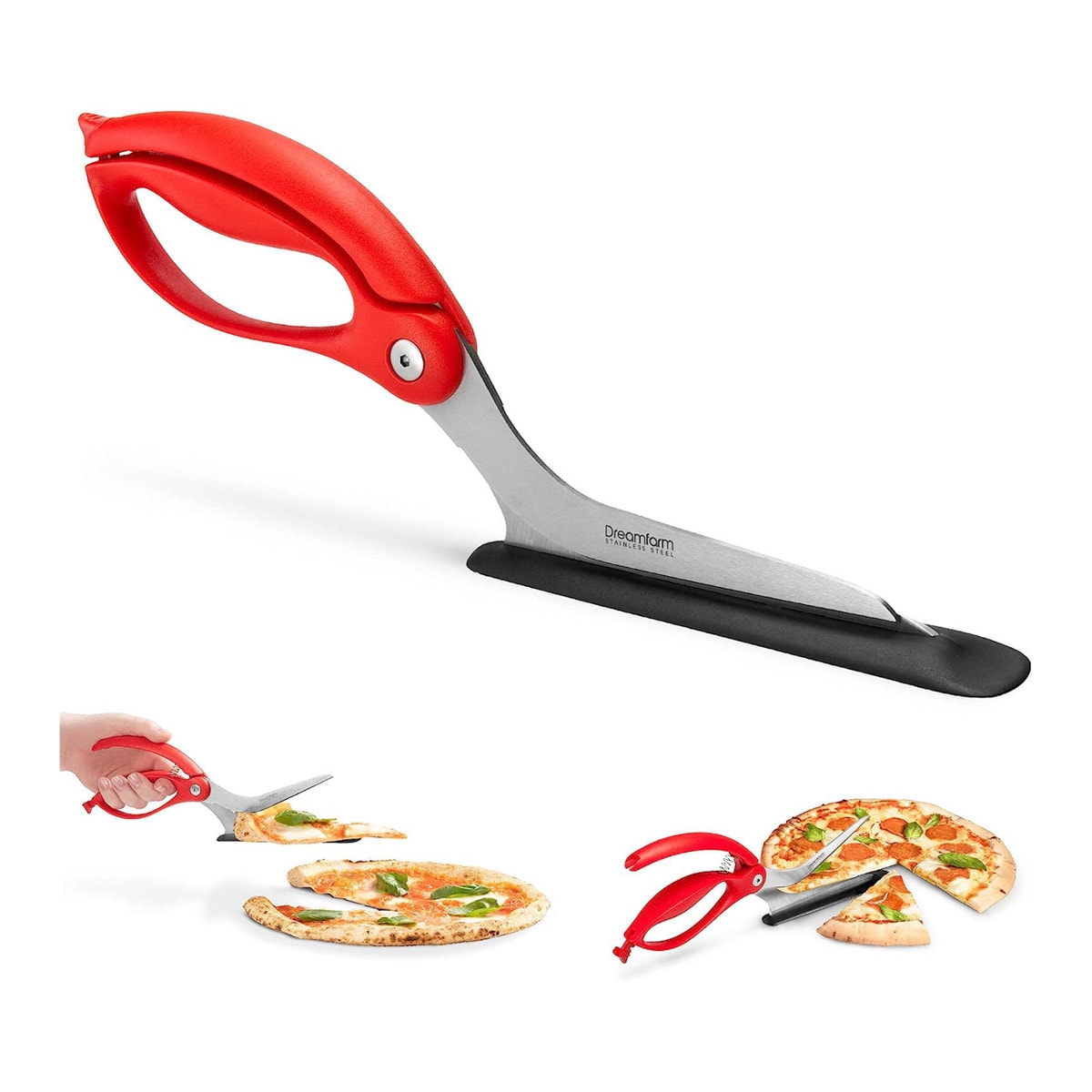 Pizza scissors cutting through pizza.