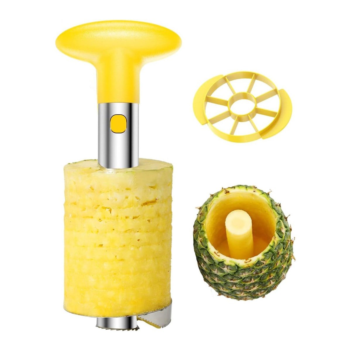 Stainless steel pineapple peeler cutting through a pineapple.