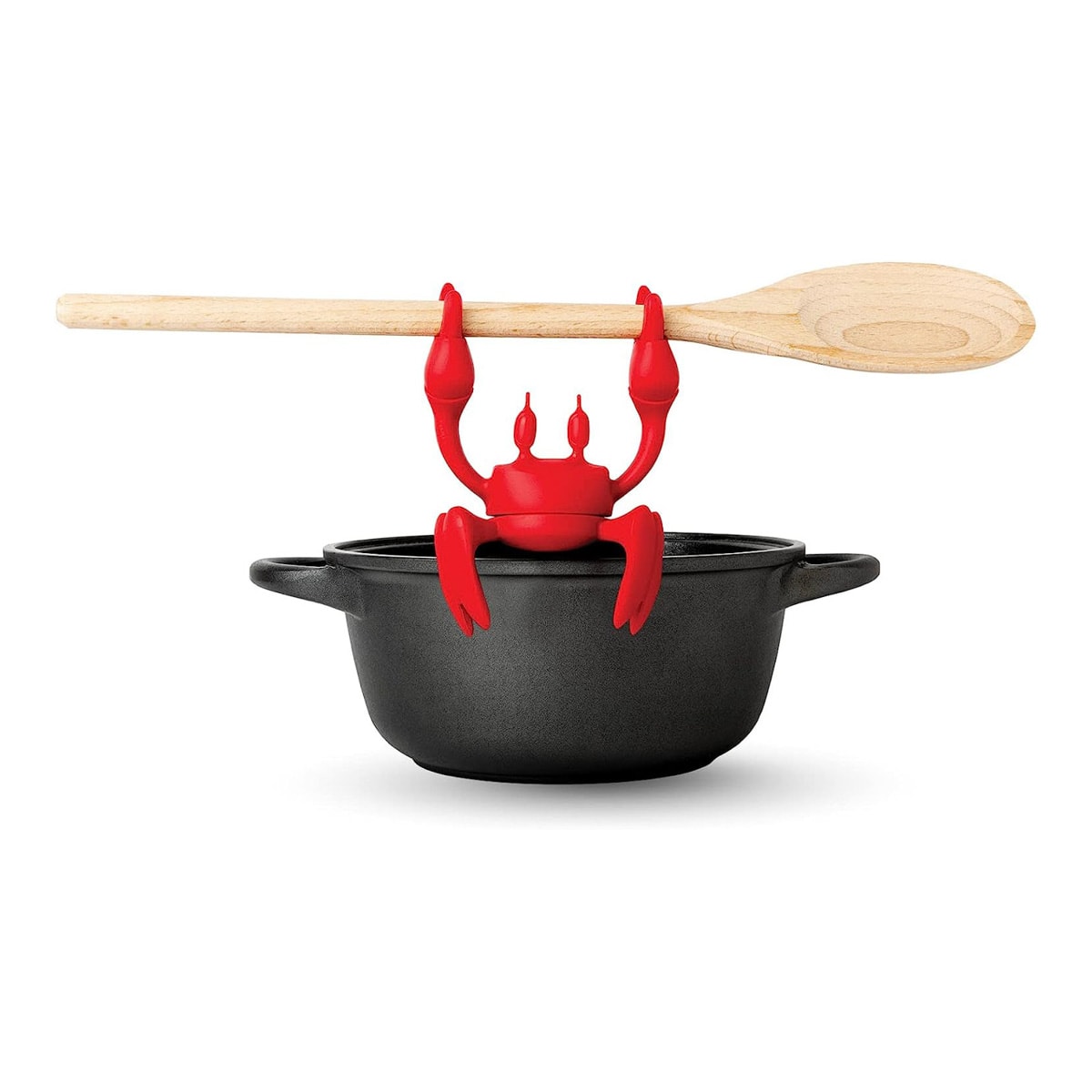Red the Crab silicone utensil rest holding a wooden spoon on top of a dutch oven.
