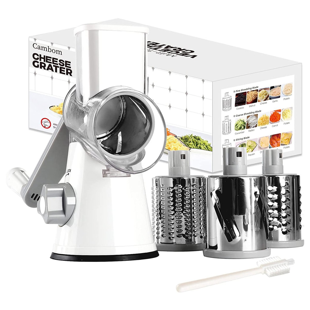 Rotary cheese grater and shredder with all of the attachments.
