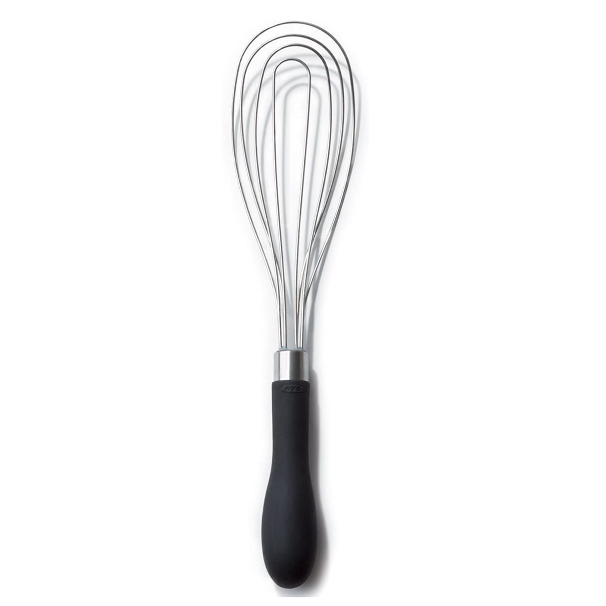 A flat stainless steel whisk.