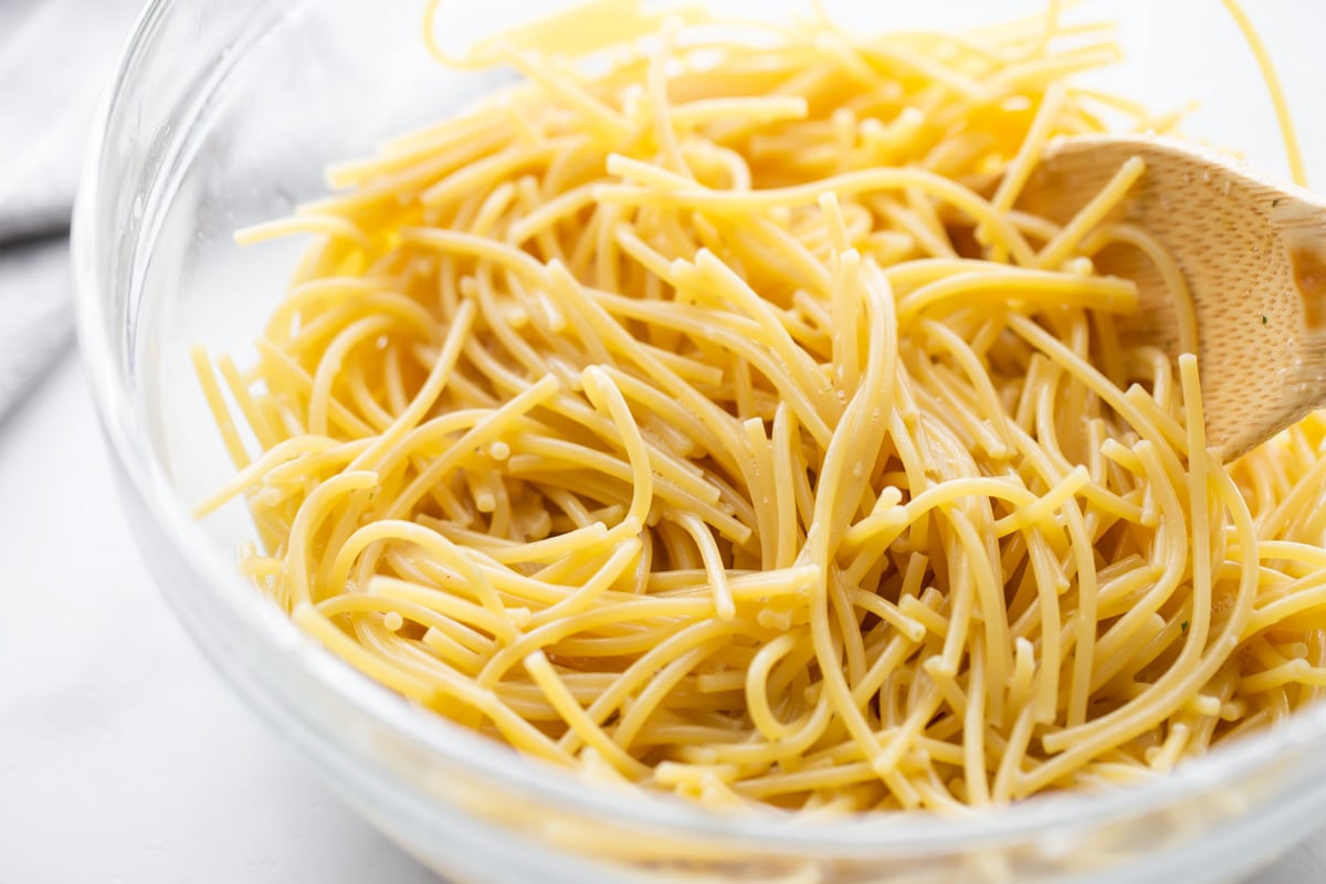 Noodles covered in egg, milk and garlic salt.