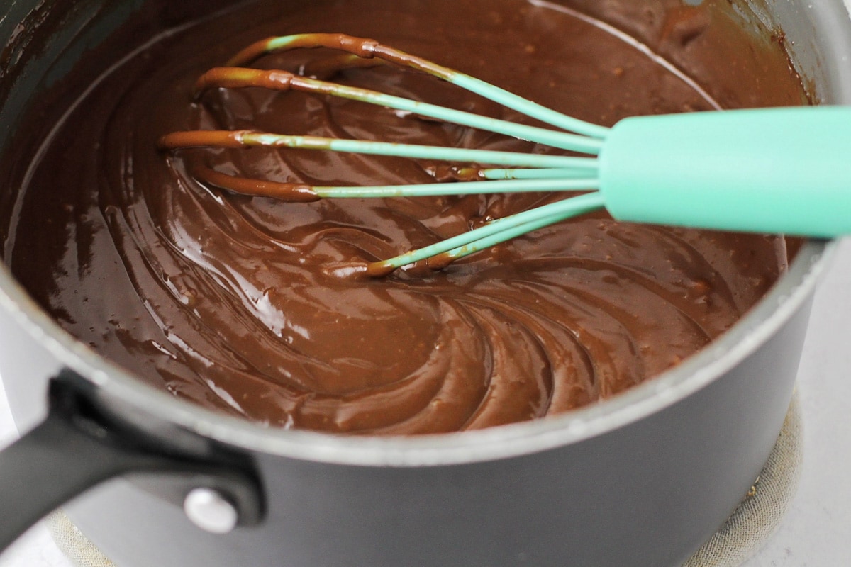Thick chocolate custard in a pot on the stove.