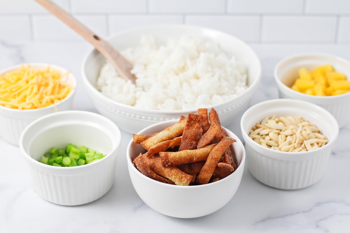 Ingredients for assembling Hawaiian haystacks.