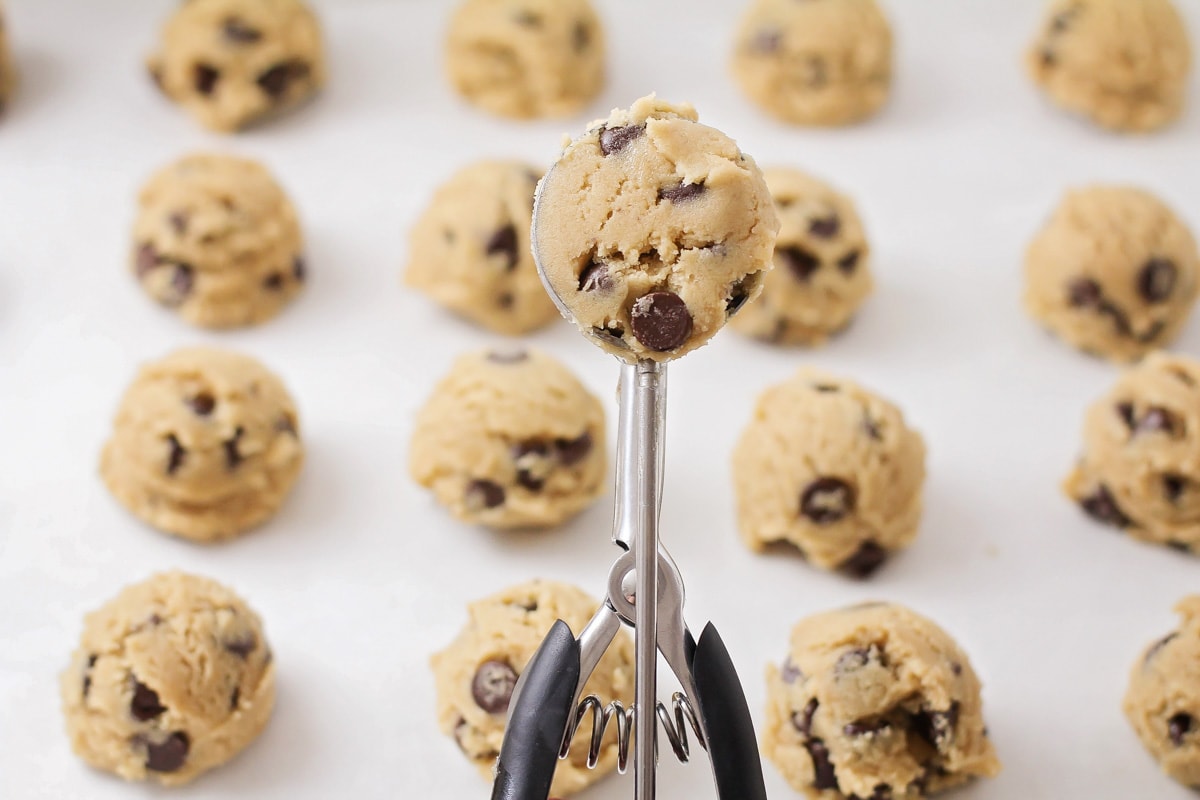 Close up of a cookie scoop filled with chocolate chip cookie dough.