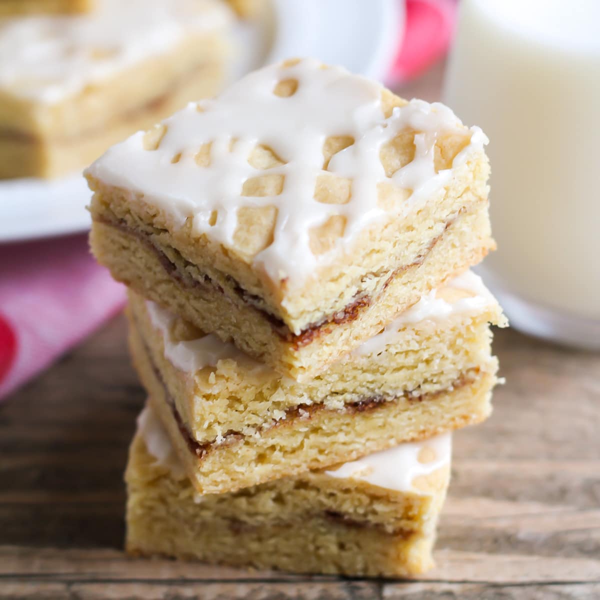 Snickerdoodle Bars stacked on top of each other.