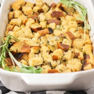 A baking dish of homemade stuffing.